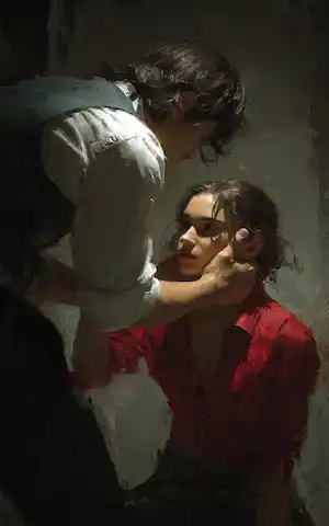 un hombre en actitud de maltrato hacia 1